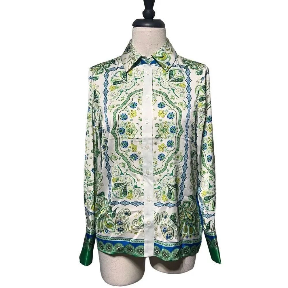 Rachel Zoe SilkyāGreen Paisley Long Sleeve Button Up Blouse SizeāXS